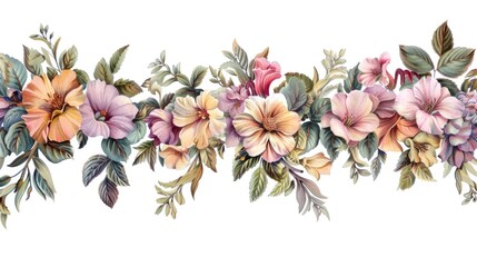 close-up of floral Garland, digital rendering, baroque, on white background,  