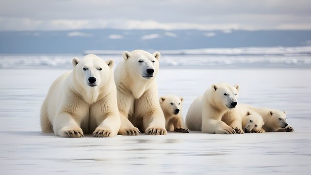 A family of polar bears, huddled together on a vast expanse of ice, their thick fur protecting them from the harsh Arctic winds.