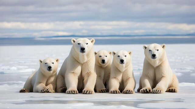 polar bear in the snow, A family of polar bears, huddled together on a vast expanse of ice, their thick fur protecting them from the harsh Arctic winds.