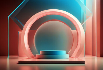 'stage empty pink mockup podium glass render product Modern platform geometrical arches background minimal commercial pedestal abstract showcase Vacant translucent 3d blue poduim three-dimensional'