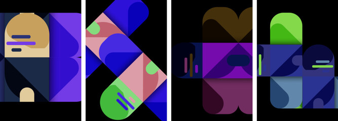 A colorful and vibrant artwork featuring rectangles, triangles, and various shades of purple and magenta on a symmetrical and artistic pattern against a black background