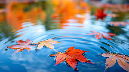 Red and Yellow Leaves floating on the water's surface for background