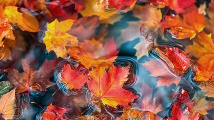 Red and Yellow Leaves floating on the water's surface for background