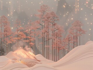 Pink snowy forest with a pink foggy mountain in the background. There is a pink tent with a chimney and smoke coming out of it. There are also some pink trees in the foreground.