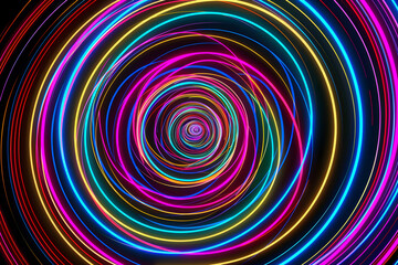 Neon lines intersecting in a vibrant whirlwind. Mesmerizing artwork on black background.