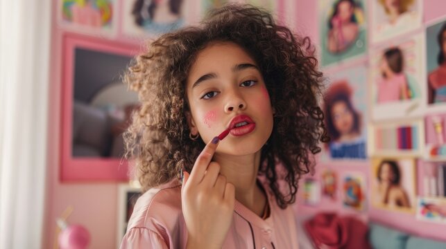 Young girl putting on lipstick in her bedroom with posters of role models on her wall. If pre-teens and teenagers have an unhealthy body image, they might be self-critical and unhappy hyper realistic 