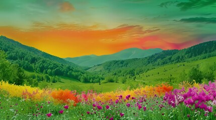 A breathtaking sunset view over a vibrant meadow bursting with wildflowers, with rolling mountains in the distance.
