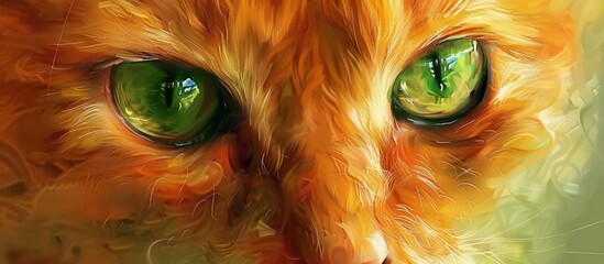 A detailed painting showcasing a feline with striking green eyes and a vibrant yellow coat - obrazy, fototapety, plakaty