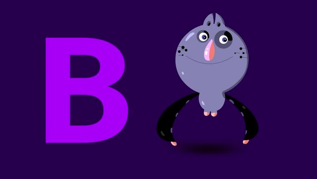 B letter big color like bat cartoon animation. Animal loop. Educational serie with bold style character for children. Good for education movies, presentation, learning alphabet, etc...