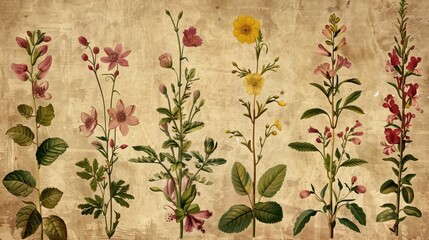 Botanical nature leaf and flower pattern vintage style background illustration design.