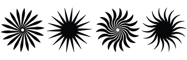 Sunburst element radial strips. Circular pattern of radial, radiating lines. Monochrome starburst, sunburst element. 