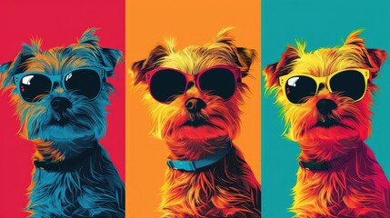 Three cartoon dogs in sunglasses with pop-art bright colors