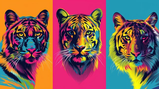 Three brightly colored tiger portraits in pop art style