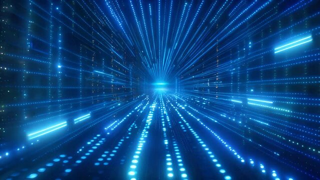 Abstract digital matrix with streaming binary code in neon blue