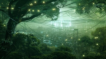 A green earth of trees with cables and electronic lights against a background hyper realistic 