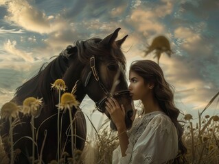 Fototapeta premium A portrait of a woman and her horse standing in perfect harmony, mirroring each other's elegance 