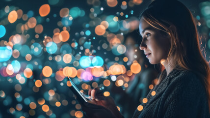 Woman using smartphone with colorful bokeh lights in background. Modern lifestyle and technology concept with copy space for design and print