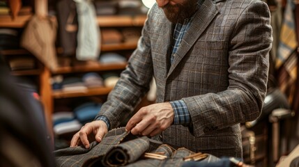 Tailor Choosing Fabric for Custom Suit