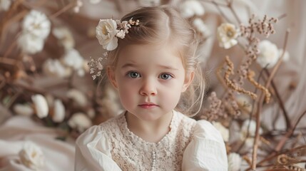 Fototapeta premium Little Girl with Flowers in Whimsical Portrait