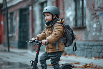 A kid in a dark helmet and a brown jacket on an electric scooter. - Powered by Adobe