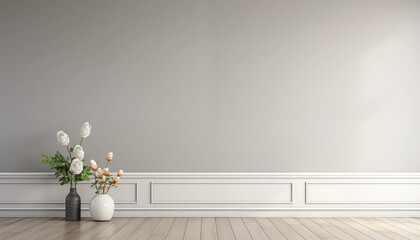 Elegant gray wall background with white and brown flowers in vases near the wall