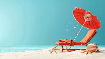 A red chaise longue with a red umbrella near the seashore.