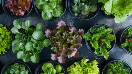 Obraz premium Assorted Leafy Greens in Pots Top View