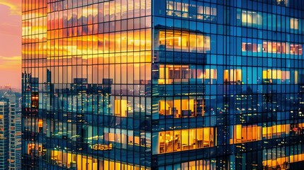 A high-rise office building at sunset with lights from windows