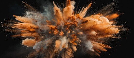 A vibrant, massive display of orange and white powder exploding freely into the air creating a striking scene