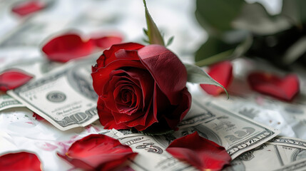 One red rose with a pile of dollars.