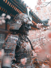 Fototapeta na wymiar Samurai Warrior Poised Among Cherry Blossoms, Traditional Armor Detailed with Floral Patterns