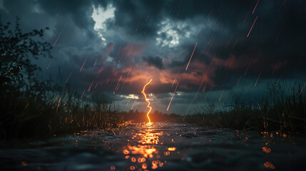 The lightning flashed down in a stream. In the middle of the dark sky during the rainy season.  - obrazy, fototapety, plakaty