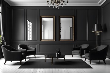  Classic black modern interior empty room with lounge armchairs, table and mirrors. 3d render illustration mock-up design. 