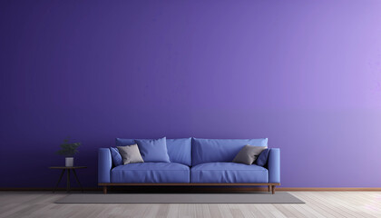 3D rendering of a minimal living room with a blue sofa and a plant on a side table against a purple wall