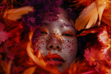 Autumn Portrait with Fiery Feather and Flower Accents