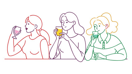 Girl drinking alcohol continuous line art vector illustration on white background..