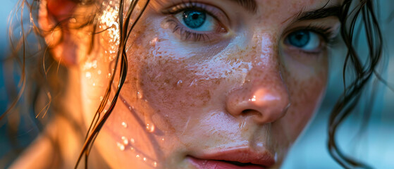Close-up Portrait of Young Woman with Water Droplets on Face - obrazy, fototapety, plakaty