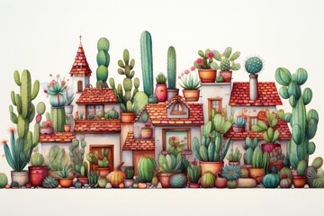 Fototapeta premium Cacti Fiesta Illustrate a group of cacti and succulents having a party, complete with tiny festive decorations