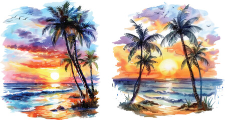 Fototapeta na wymiar Watercolor Beach Sunset with Palm Trees Clipart