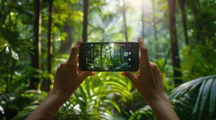 hand holding smartphone take a photo in rainforest. generative ai