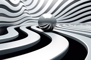 Fototapeta na wymiar a silver ball on a black and white striped surface