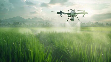 drone spraying pesticides flying over green rice fields. generative ai