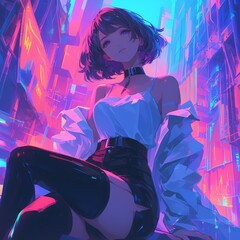 A cyberpunk girl with short brown hair and purple eyes, wearing a white crop top and black mini skirt, sitting on a rooftop in a city at night, with neon lights and skyscrapers in