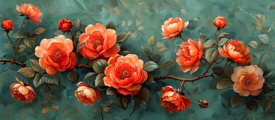 A beautiful painting featuring a cluster of vivid orange flowers contrasted on a striking blue background, creating a lively and colorful composition