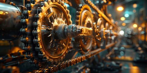 Intricate metal gears interlocking and turning in a mechanical machine, producing a mesmerizing display of motion and precision.