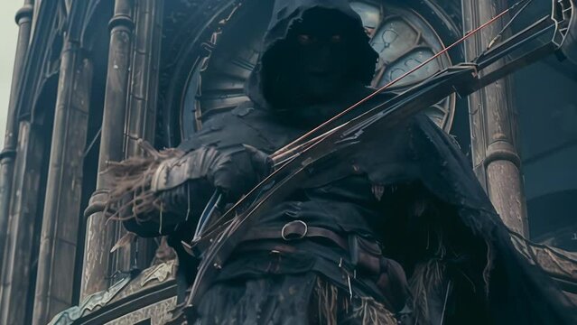 Masked vigilante in tattered robes stands atop Gothic clock tower, silver-tipped crossbow at the ready. Ominous atmosphere suggests dark purpose and impending action against injustice.
