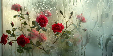 Blooming Roses Behind Rain-Steamed Windowpane