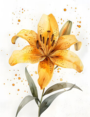 Artistic watercolor of yellow lily on white background