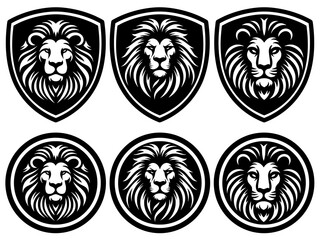 Lion head logo collection. Set of lion head logo. Lion head logo in frame shaped shield and circular. Lion head pictorial logotype for business, company, logo, emblem, stamp, mascot, label, patch