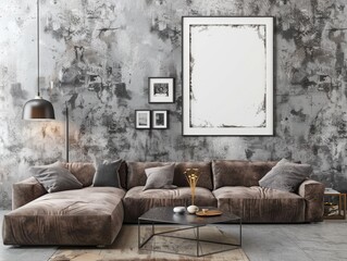 Loft interior design of modern living room, home. Corner sofa against concrete wall with poster frame. 